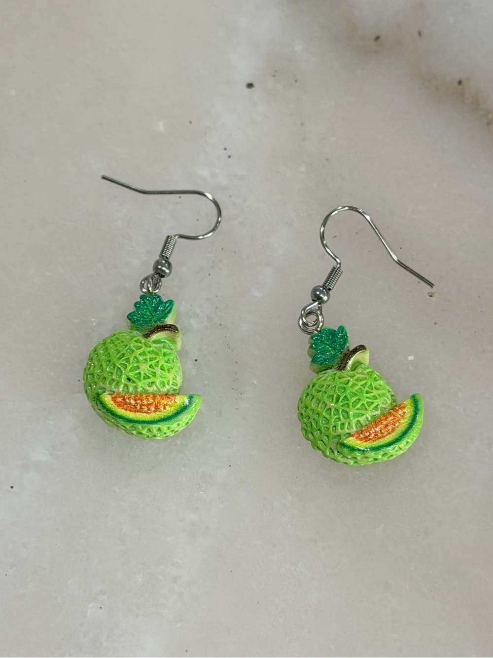 Green Melon Slice Dangle Earrings Fun Food Novelty Jewelry
